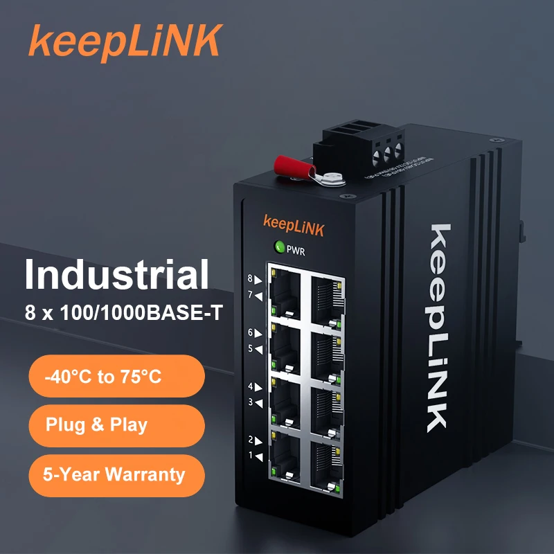 KeepLiNK Conmutador industrial Gigabit Ethernet de 8 puertos Plug And Play no administrado 10/100/1000BASE-T Carcasa de aluminio IP40