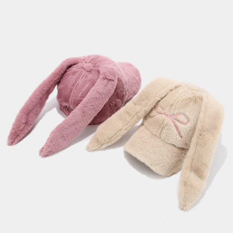 Women Fuzzy Bunny Ear Baseball Cap with Pink Bow Embroidery Adjustable Winter Warm Hat Black Beige view 3