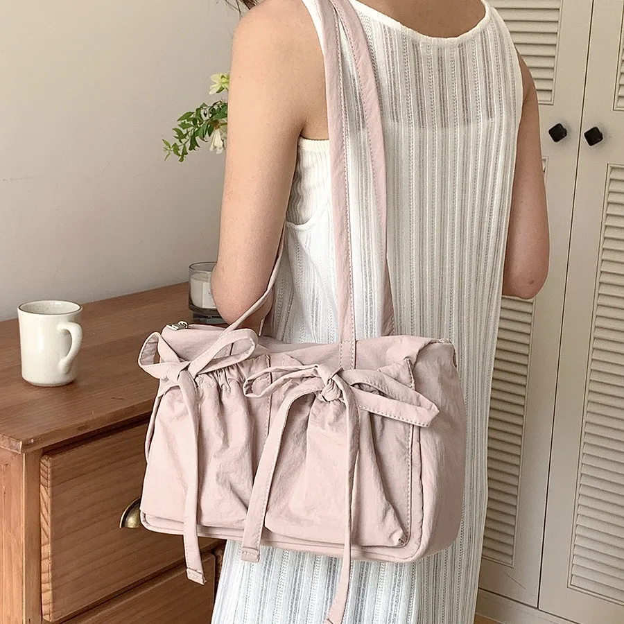 Sweet Girls Bowknot Nylon Shoulder Women Bag Korean Niche Design Bow Summer Travel Beach Bag Female Totes Bags for Women Handbag