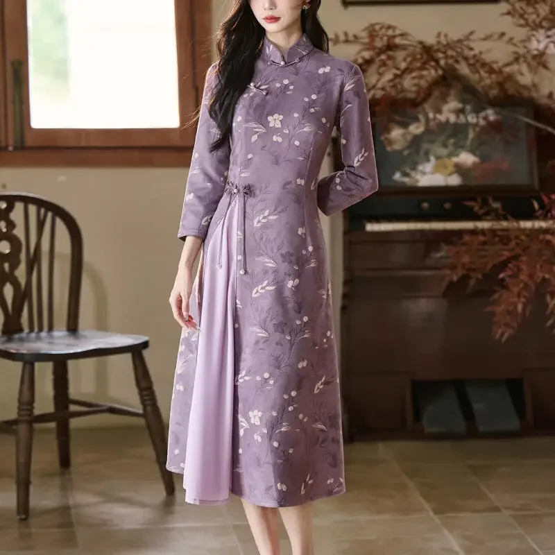 

Suede Aodai Qipao Women Elegant Improved Qipao Dress New Chinese Style Dress Sexy Banquet Hanfu 2025 Autumn Vestidos Chesongam