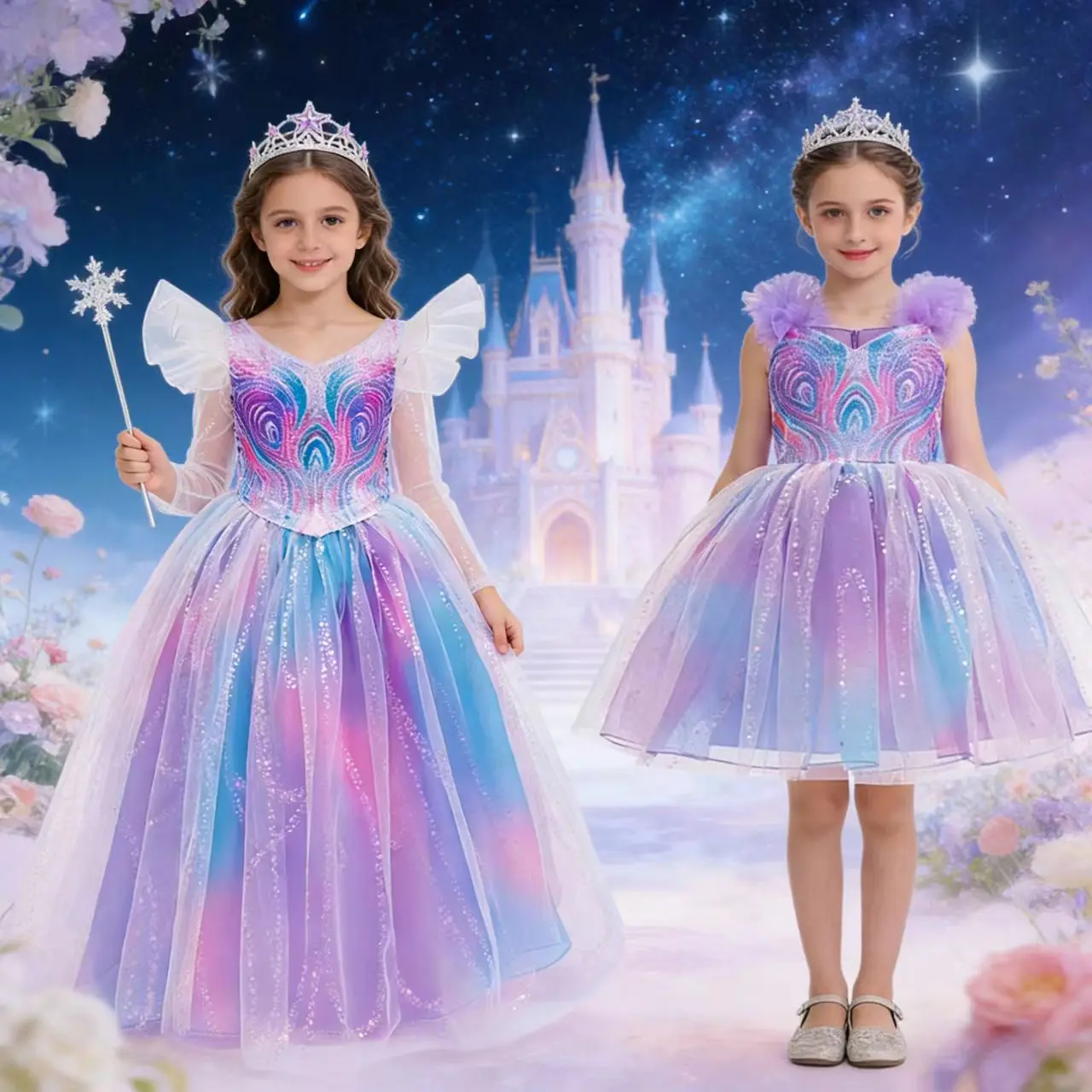Mädchen Lila Glind Böse Hexe Cosplay Kostüm Maxirock Elegantes Ballkleid Magisches Geburtstagsparty-Kleid 4-12 Jahre Karneval Halloween