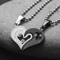 2Pcs/set Love Heart Couple Necklace For Women Men Two Colors Puzzle Hollow Zircon Heart Matching Pendant Valentine's Day Gift