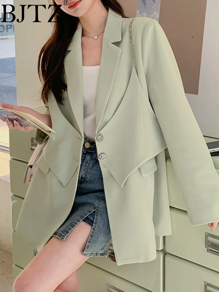 

BJTZ Light Green Blazer Jacket For Women 2024 Spring Autumn New Versatile Fake Two Piece Designer Blazers Coat Female Clothing