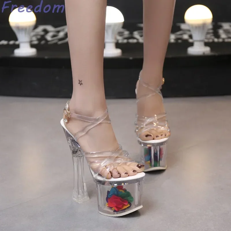 

Sexy Thick High Heels 18/20Cm Super High Heel Sandals Crystal Shoes Transparent Nightclub Heels Catwalk Super Stable