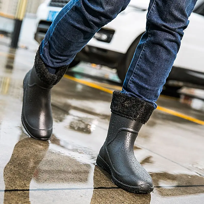 

Fleece-lined Young Rain Boots for Men Height Increasing Work Warm Winter On Offer Low-heel Waterproof Resistant Mud Man Shoes