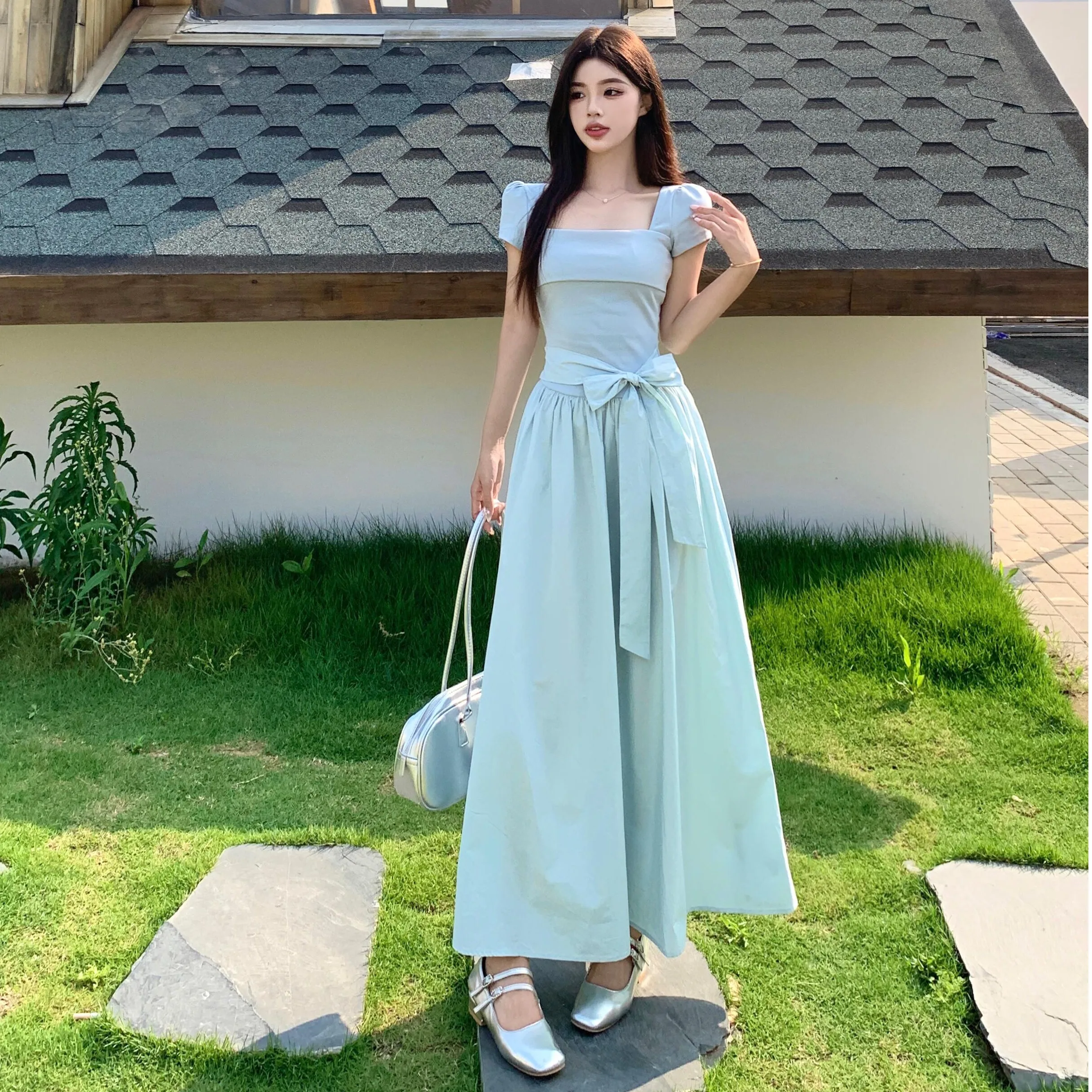 

plus Size Knot Short Sleeve Dress Summer New Style Square Collar Waist Cinching Slimming Design A-Line Long Dress