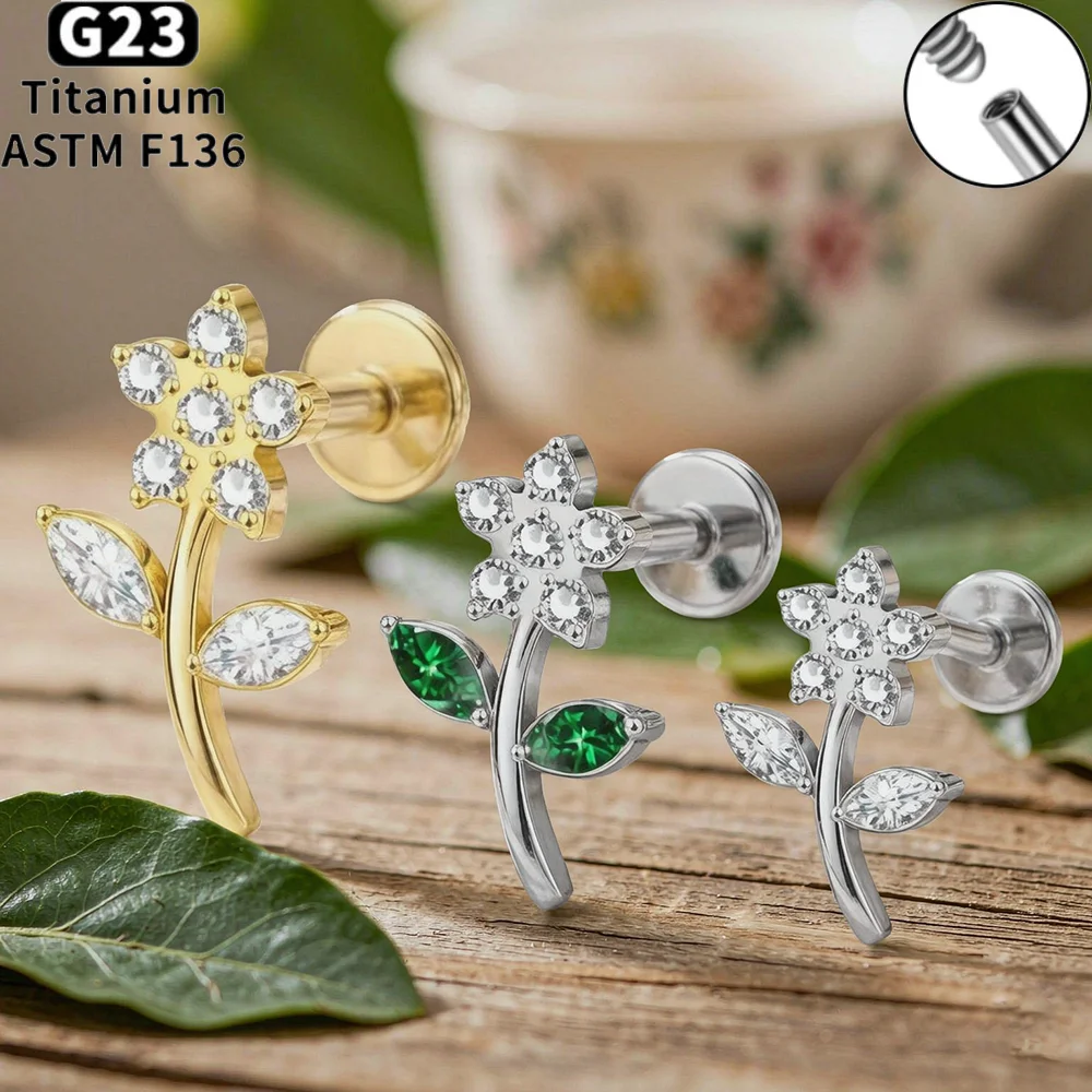 F136 16G Titanium Lip Piercing with Flower Zirconia Tragus Helix Cartilage Nose Jewelry Earrings - Internal Thread Body Piercing