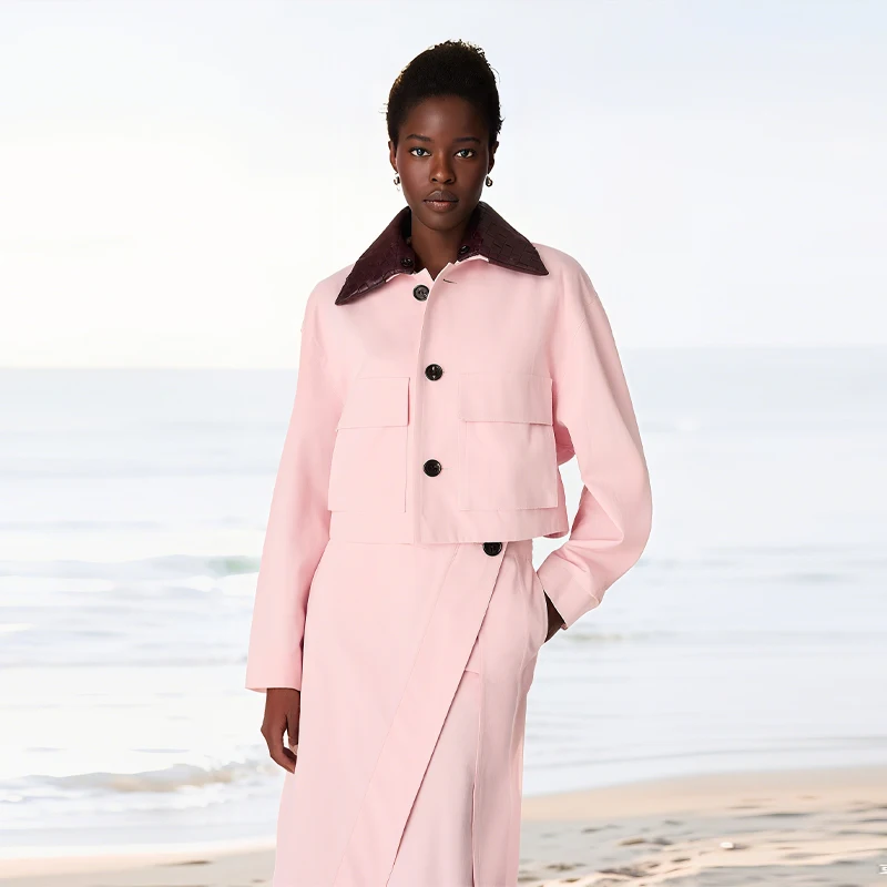 

Elegant Pink 2 Pieces Coat Sets Women Detachable Collar Jacket Asymmetrical Skirt Suit 2025 New Office Lady Two-piece Set