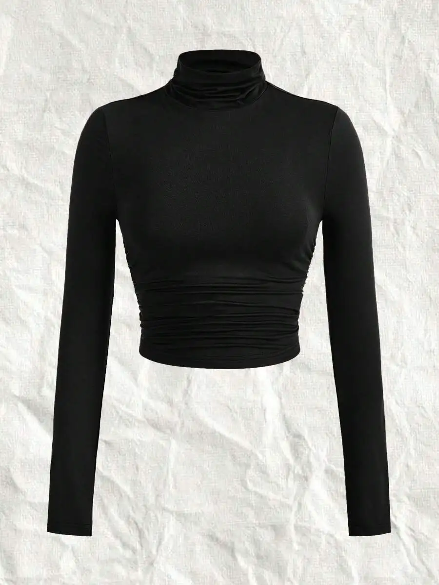 

Black Cropped Turtleneck Long Sleeve Top with Ruched Waist