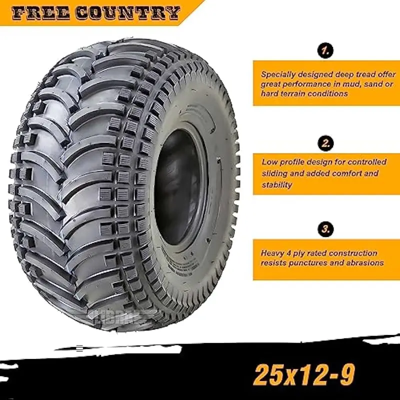 25x12x9 all terrain vehicle tires with 4-ply construction designed for rugged off road use compatible with standard ATV rims sol