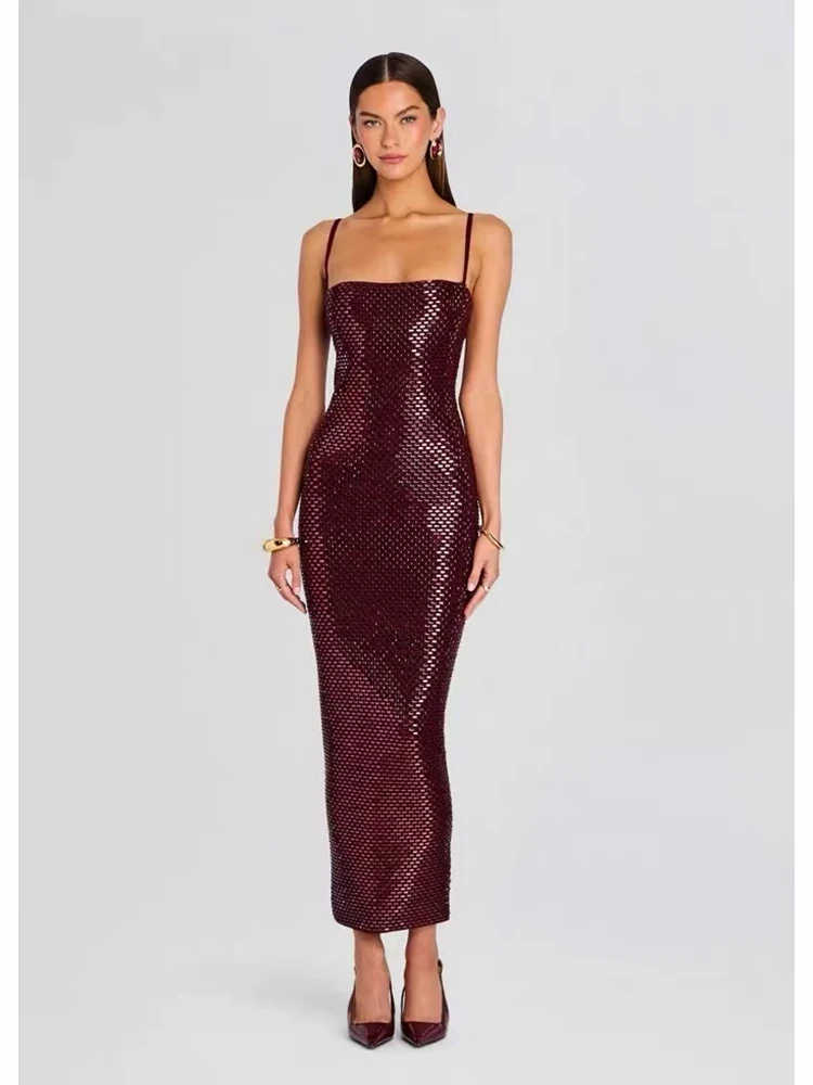 Robe longue à bandes pour femmes, Sexy, col carré, écharpe, strass, sans manches, diamants brillants, moulante, soirée, Cocktail