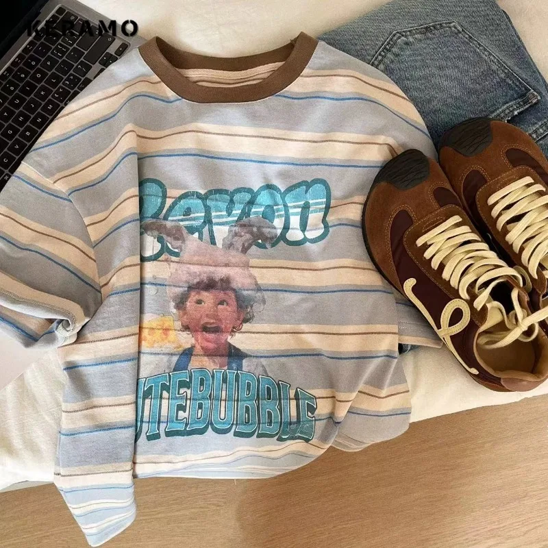 

2025 Summer Casual Striped Print Short Sleeve Round Neck Loose T-Shirts Women's Fashion Streetwear Letter Print Tees Tops