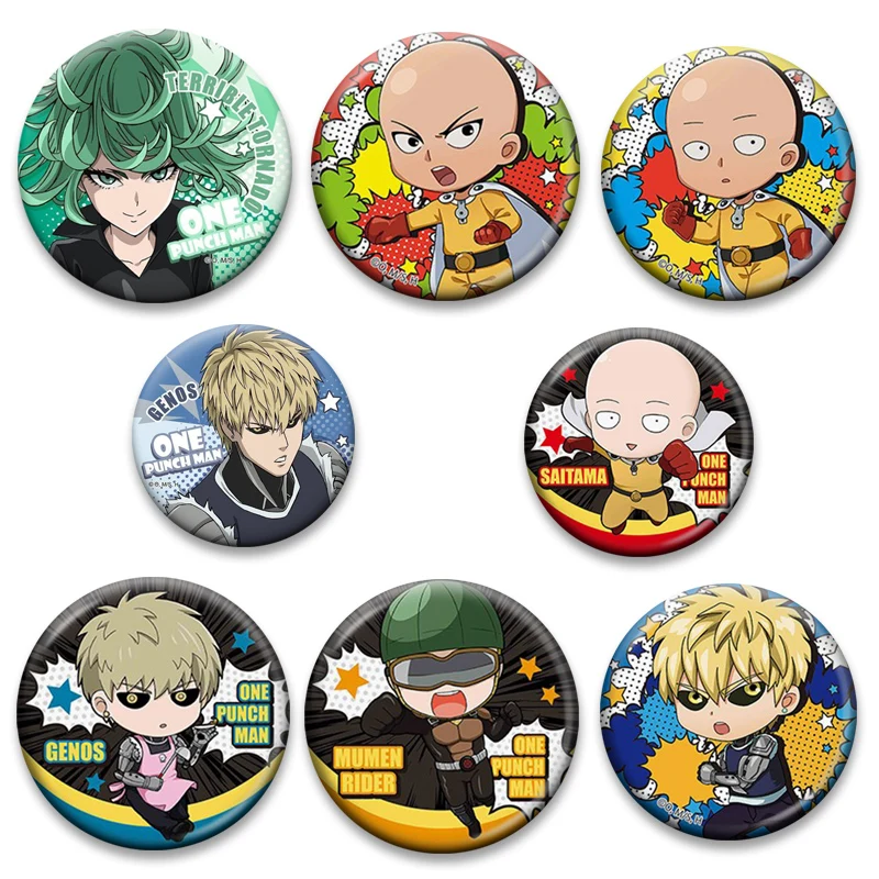32/44/50/58mm Round Snap-in Brooches Anime One Punch Man Lapel Pins Genos,Tatsumaki,Saitama Cartoon Badge Bag Accessories Gifts