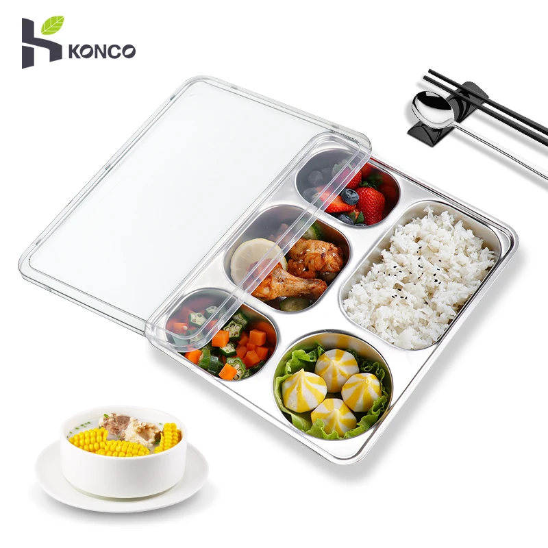 Bandeja de cena de acero inoxidable 304 con tapa, plato creativo de comida rápida, bandeja de aperitivos de frutas para niños, vajilla de cocina, caja de almuerzo