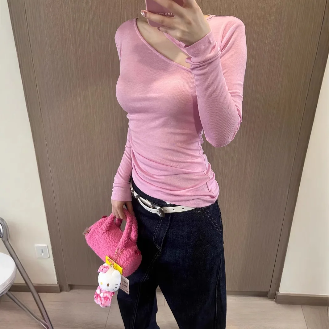 

Micro-transparent Slim-fitting Waist and Thin Removable Slanted Shoulder Top Women's Long-sleeved T-shirt