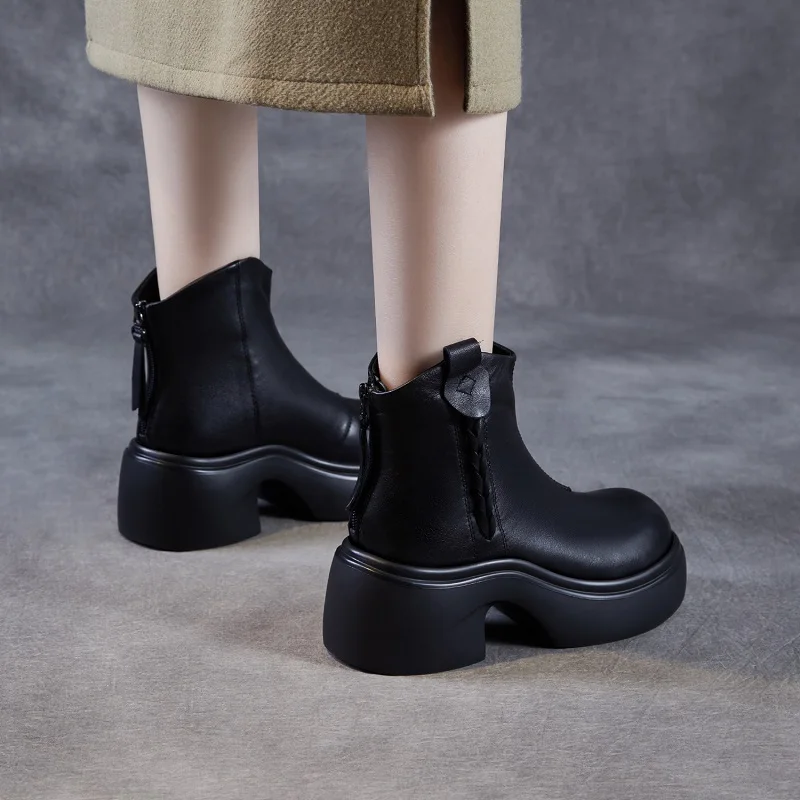 DRKANOL النمط البريطاني النساء سميكة عالية الكعب حذاء من الجلد شتاء دافئ الفراء مكتنزة منصة عودة سستة الارتفاع زيادة الأحذية #5