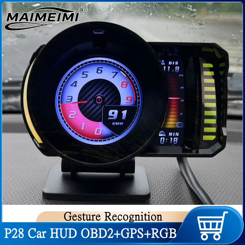 P28 HUD Car Head Up Display OBD+GPS+RGB Smart GPS Speedometer Gesture Recognition OverSpeed Alarm Auto Electronic Accessories