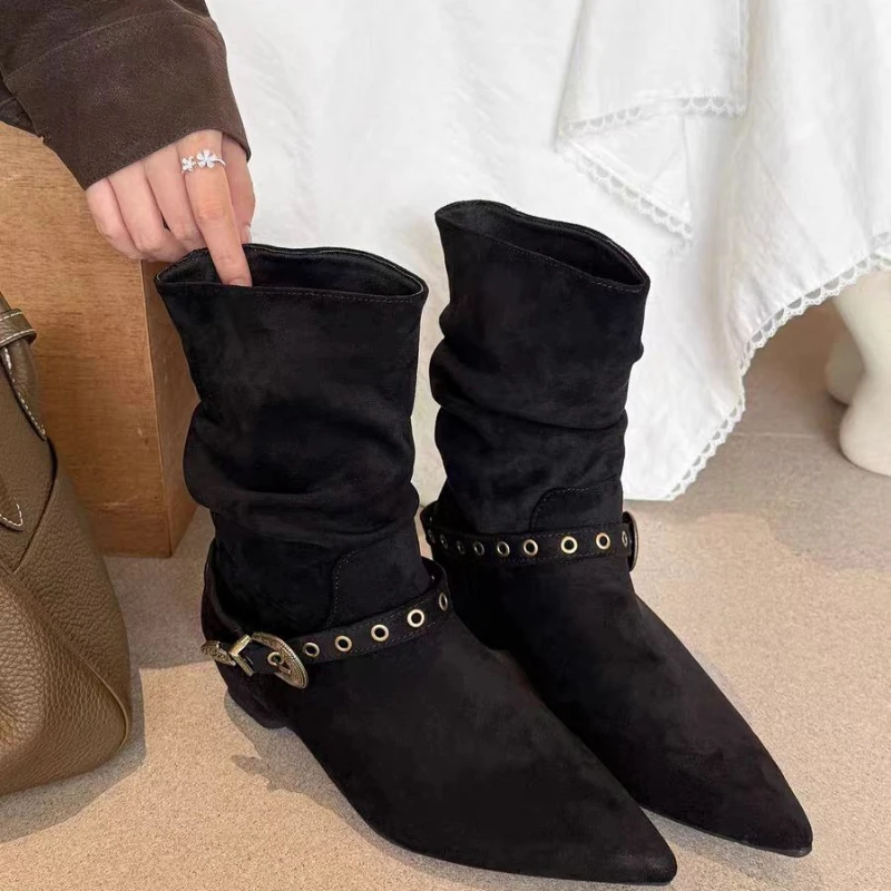 

Лидер продаж, модные ботильоны с острым носком, женские замшевые дизайнерские ботинки на каблуке 2025 года, новые трендовые модные модельные ботинки