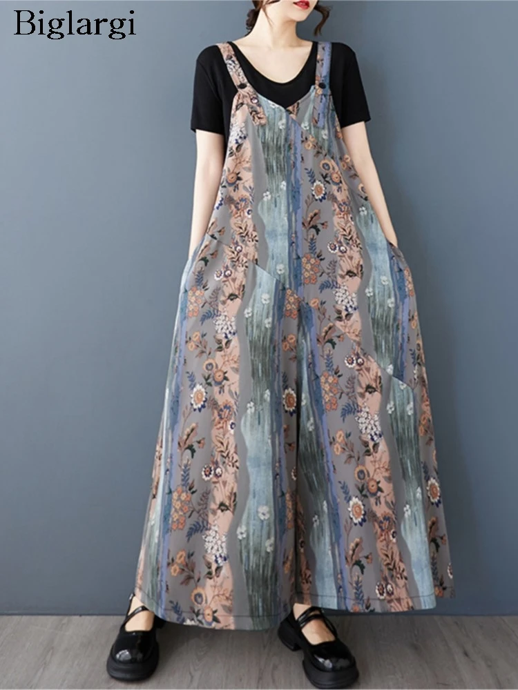 

Oversized Summer Sleeveless V-Neck Overalls Pant Women Flower Floral Print Fashion Ladies Overalls Trousers Wide Leg Woman Pants