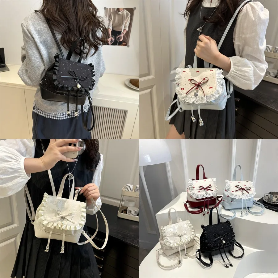 

【New style】Bow tie color contrast backpack for women's new fashionable and cool lace small schoolbag for summer travel bag