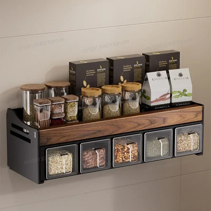 

Wall Mounted Wooden Kitchen Shelf, Spice Bottle Organizer, Multifunctional Free of Holes to remove and Washable