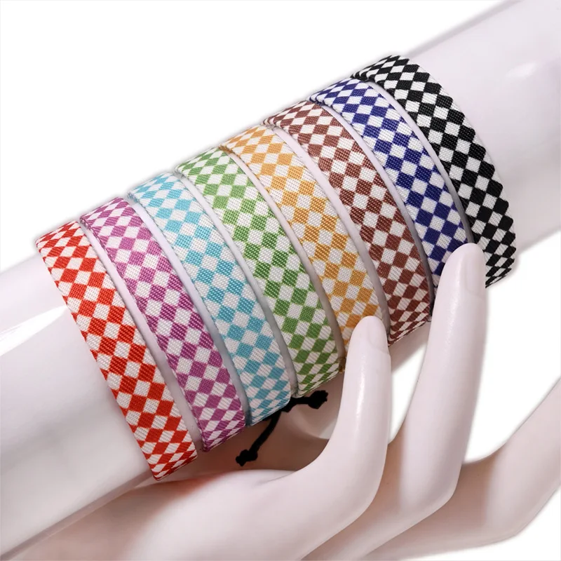 Meetvii Popular Grid Width Ribbon Bracelets for Women Men Handmade Contrasting Diamond Check Cloth Couple Hand Jewelry