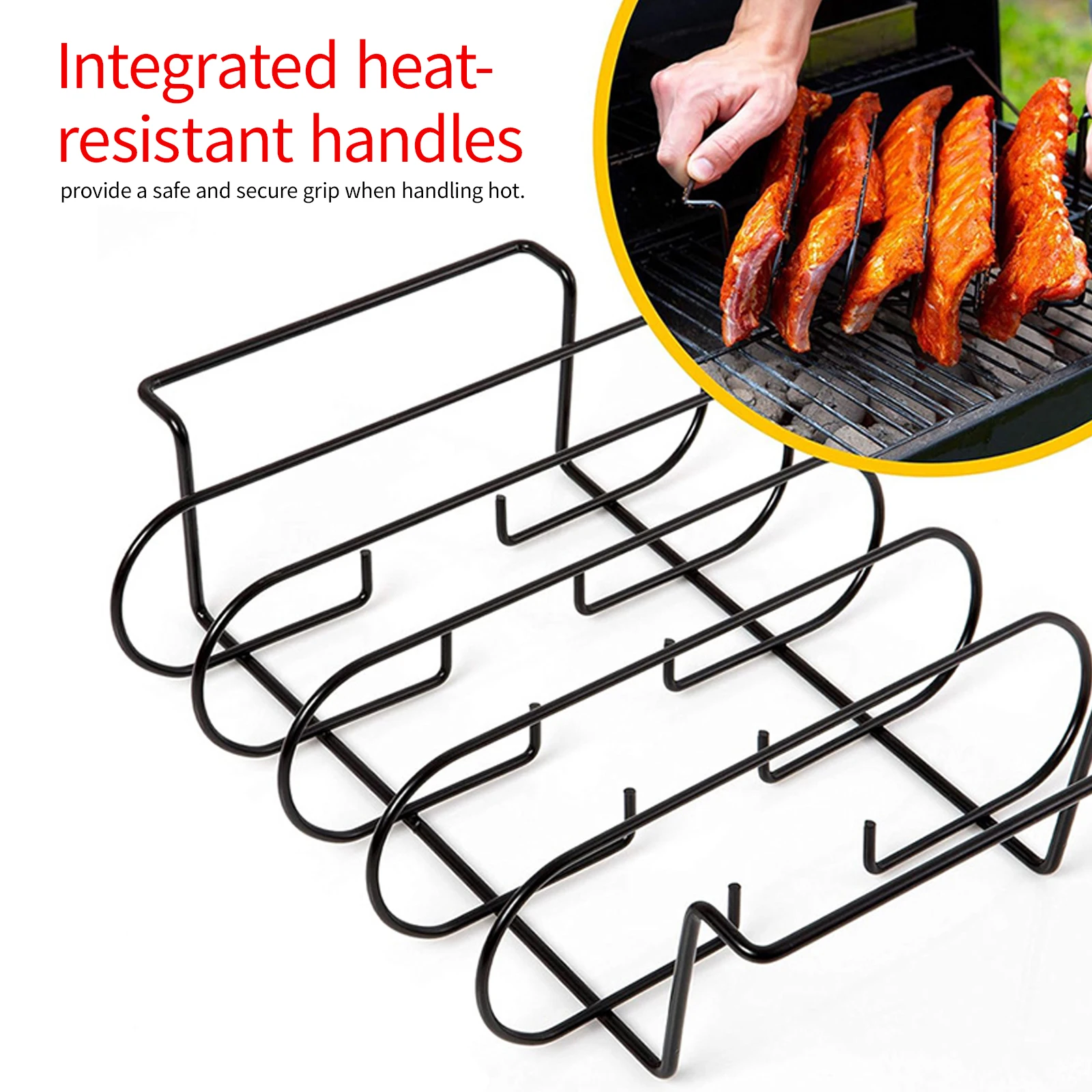 Stainless Steel Rib Rack, Holds Up to 4 Full Racks of Ribs for Smoking,Gas Smoker or Charcoal Grill, Sturdy & Non Stick Standing