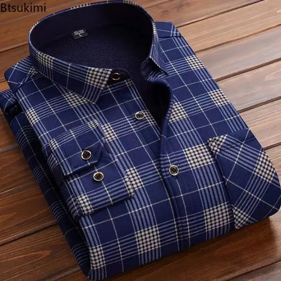 Autumn Winter New Men\'s Clothing Fashion Retro Casual Business Long Sleeve Lapel Shirts Fleece Thicked Warm Man Print Shirt Tops