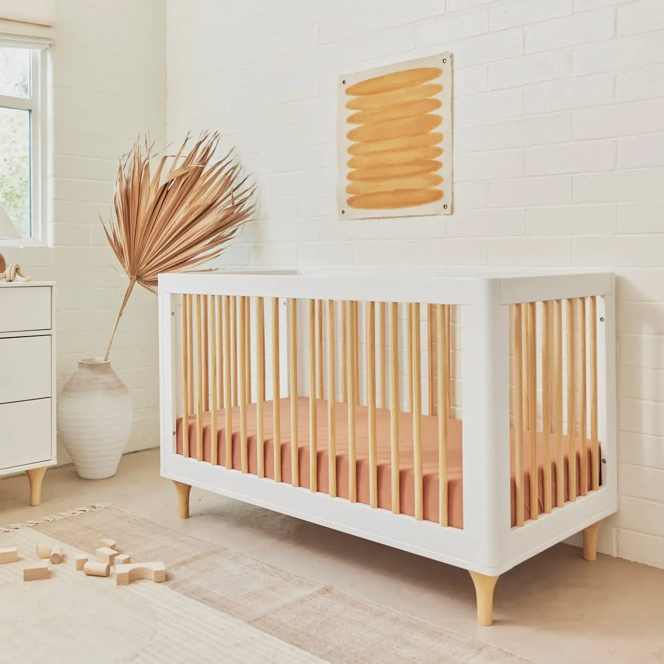 Lolly 3-in-1 Convertible Crib with Toddler Bed Conversion Kit in White and Natural, Greenguard Gold Certified