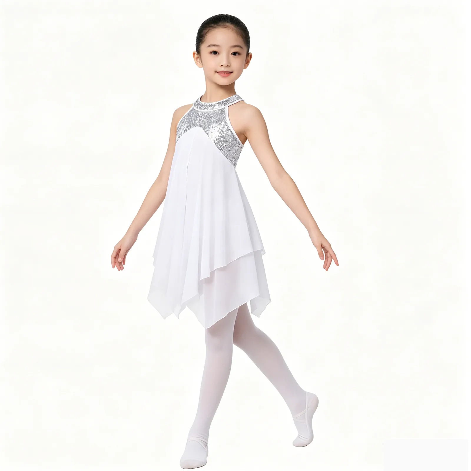 Kids Girls Ballet Lyrical Modern Contemporary Ballroom Dance Dress Halter Sequins Criss Cross Back Solo Dance Leotard Dress