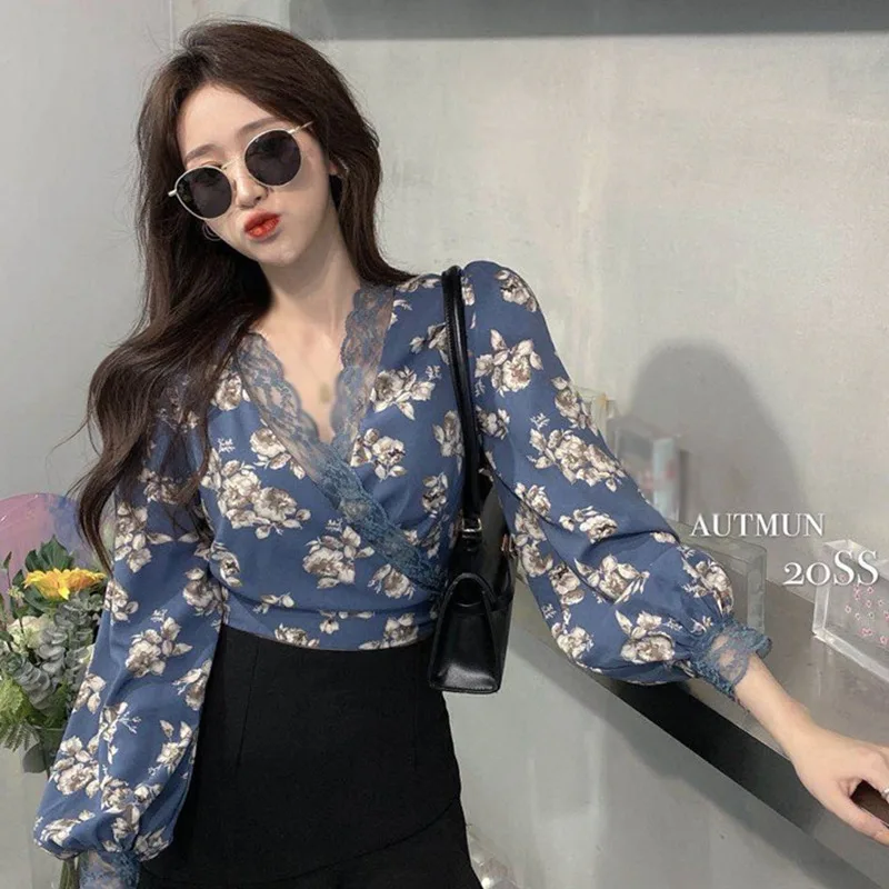 Spring Autumn Women\'s Floral  V Neck Sexy Lace Bandage Exposed Navel Long Sleeves Shirts Blouse