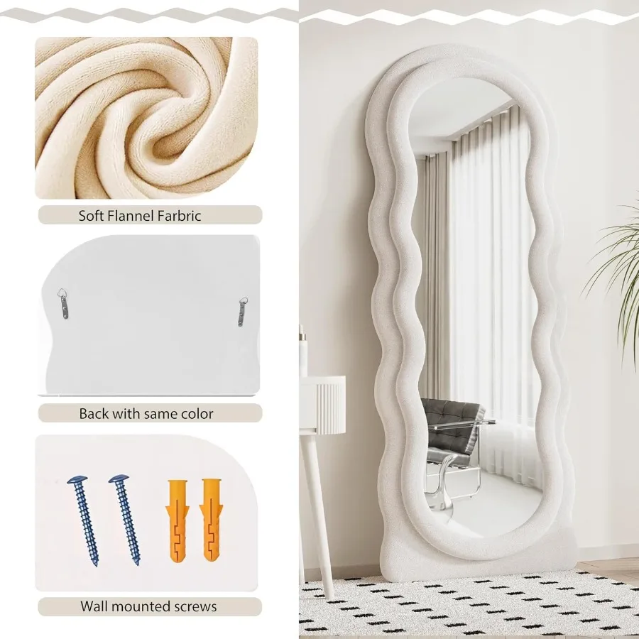 مرآة كاملة الطول 63 × 24 مرآة متموجة غير منتظمة لغرفة النوم وغرفة المعيشة مرآة قائمة على الأرض مع غلاف من الفلانيل #6