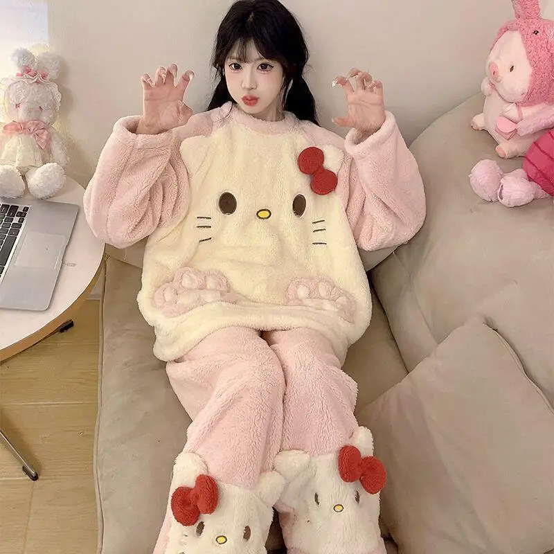 New Two-Piece Pajamas Set Hello Kitty Coral Velvet Autumn Winter Women's Plus Velvet Thickening Can Be Worn Outside Home Clothes