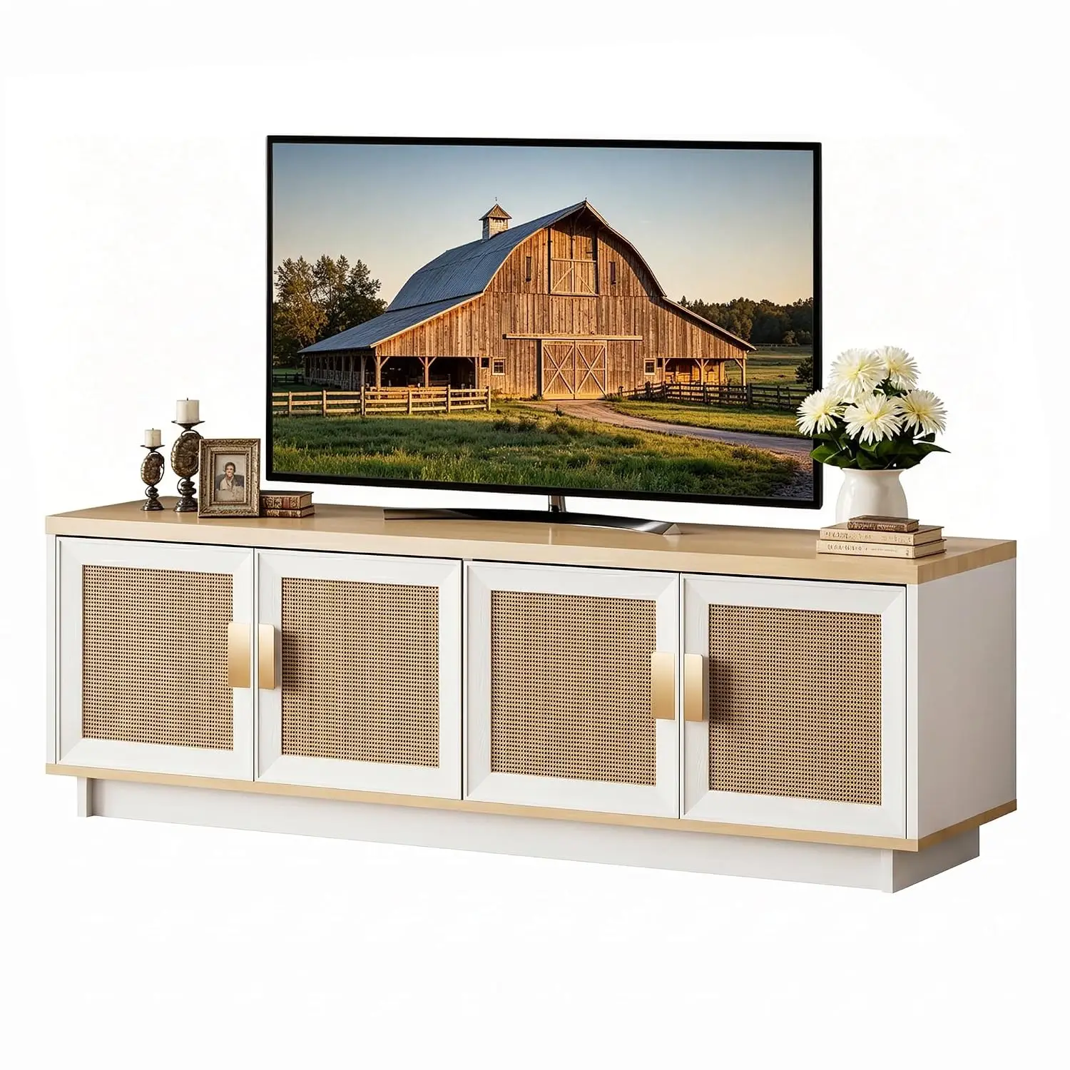 Rattan TV Stand for 65 Inch TV, Boho Media Console with 4 Woven Cane Doors, Modern Farmhouse Entertainment Center with Storage,