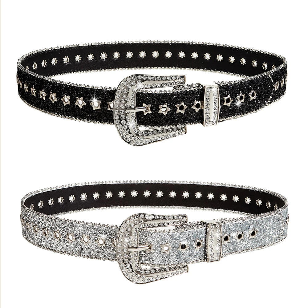 Rhinestone Star Belts for Women Gothic Adjustable Leather Waist Belt Western Cowboy Y2K Girls Fashion Belt for Jeans Accessories