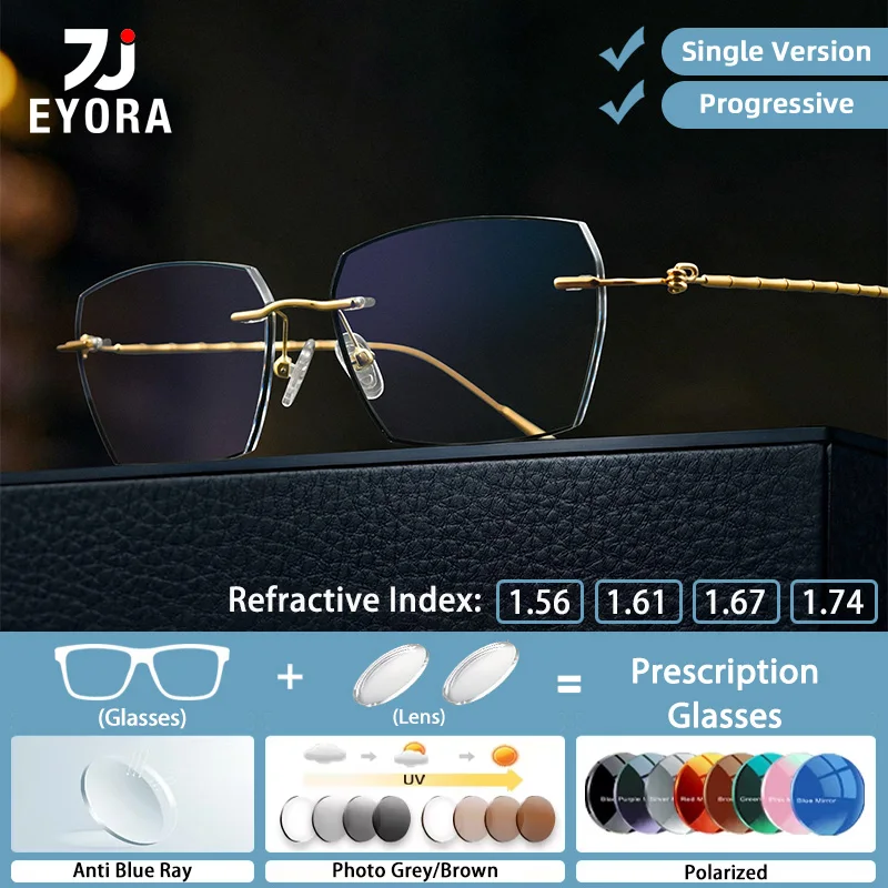 

EYORA High-End Men Business Rimless Reading Glasses Myopia Eyewear Hyperopia Anti Blue Ray Progressive Photochromic Eyewear Lens
