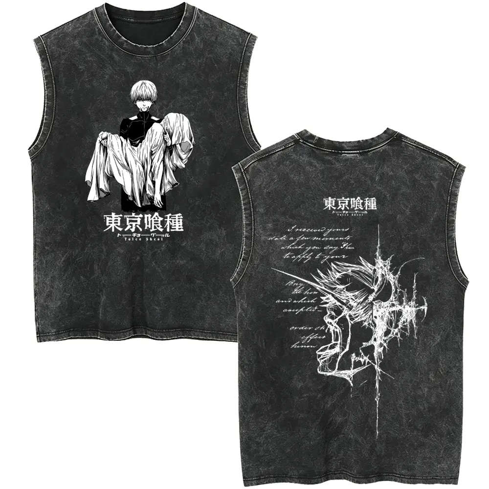 Anime Tokyo Ghoul Vintage Washed Tank Tops Cartoon Kaneki Ken Graphic T Shirt Men Retro Manga Oversized Sleeveless Vest T-shirt