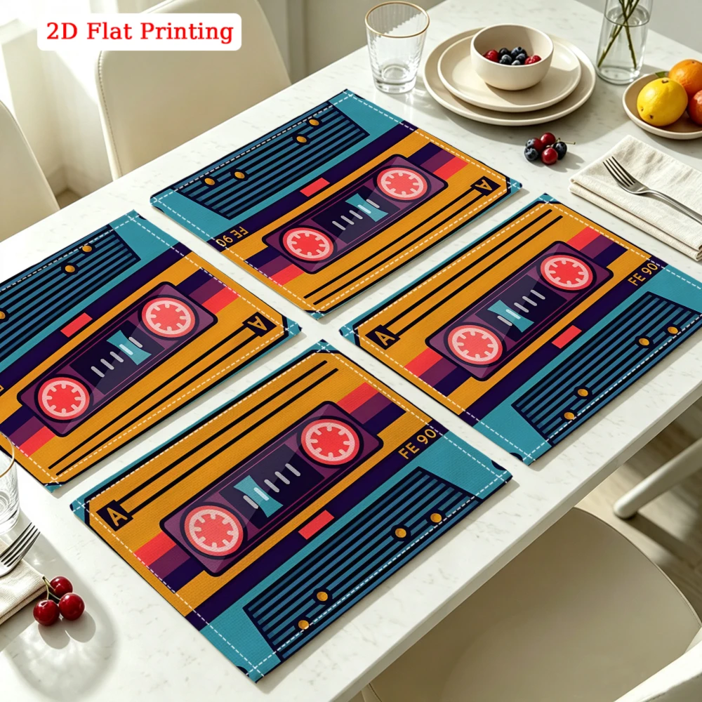 2Pcs Retro Cassette Tape Placemat Multicolor Vintage Audio Design Table Mat Kitchen Dining Decor Non Slip Heat Resistant 30X40Cm