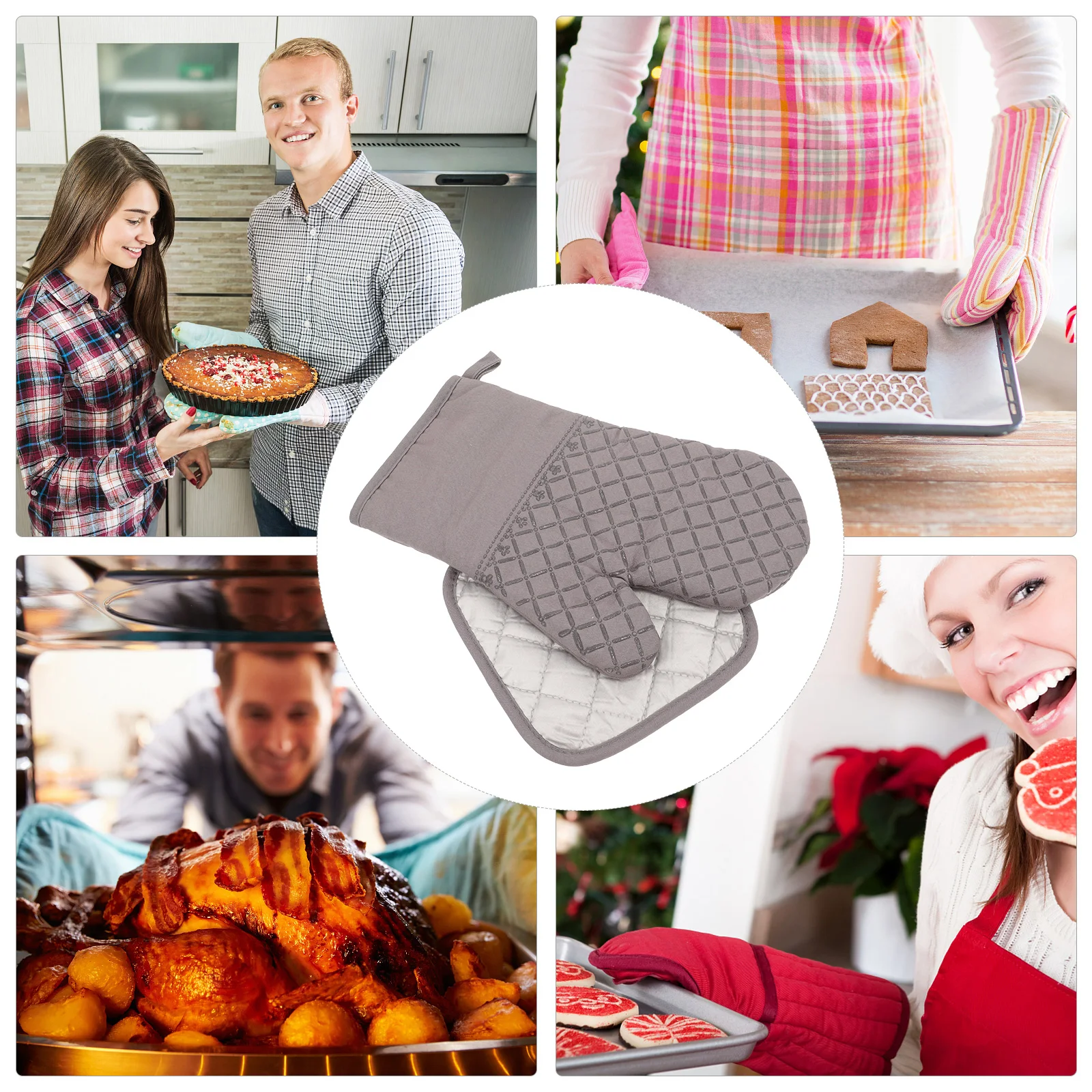 

1 Set Silicone Oven Mitts Set Heat Resistant Potholder Gloves For Microwave Anti-Scalding Kitchen Storage Lanyard Three-Layer