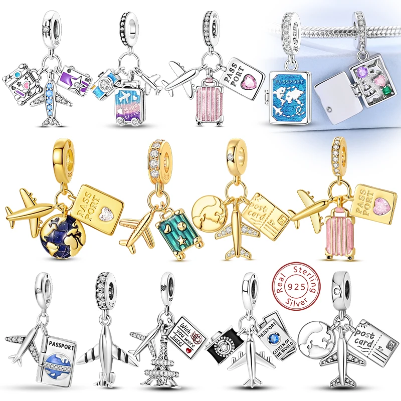 

Original Charms 925 Sterling Silver Airplane Luggage Passport Travel Series Charm Bead Pendant Fit Bracelet Woman Jewelry Making
