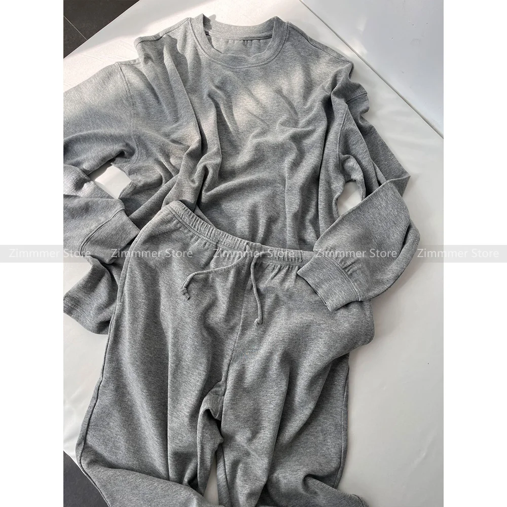 2024 Autumn and winter new simple versatile grey long-sleeved top + high-waisted elastic waist casual trousers fashion suit