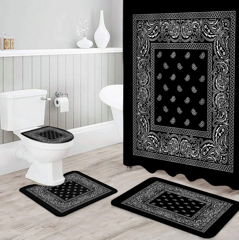 Bathroom Shower Curtain and Rug Sets Bandana Pattern Toilet Lid Cover Bath Mat Waterproof Shower Curtains Set