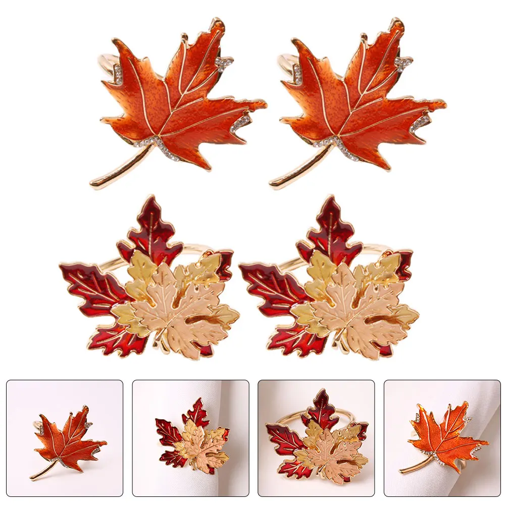 

4pcs Napkin Rings Maple Leaf Zinc Alloy Table Decor For Thanksgiving Halloween Party Farmhouse Restaurant Hotel Home Decorations