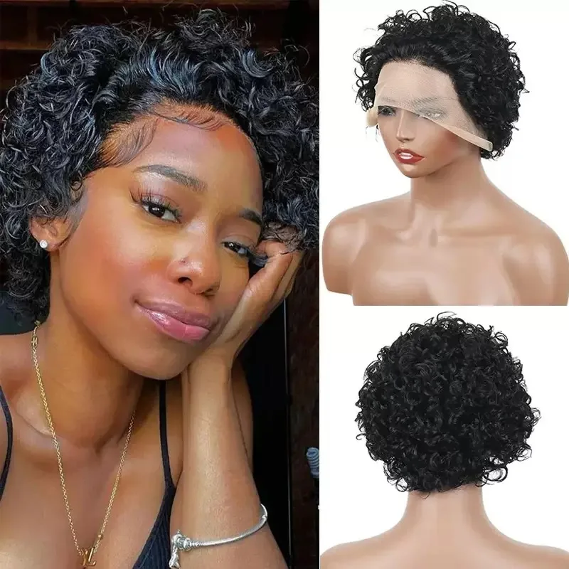 

Meggit Brazilian Deep Curly 13X1 Transparent Lace Hairline Human Hair Wigs and Wavy Pixie Cut Short Bob Wig for Women 6Inch