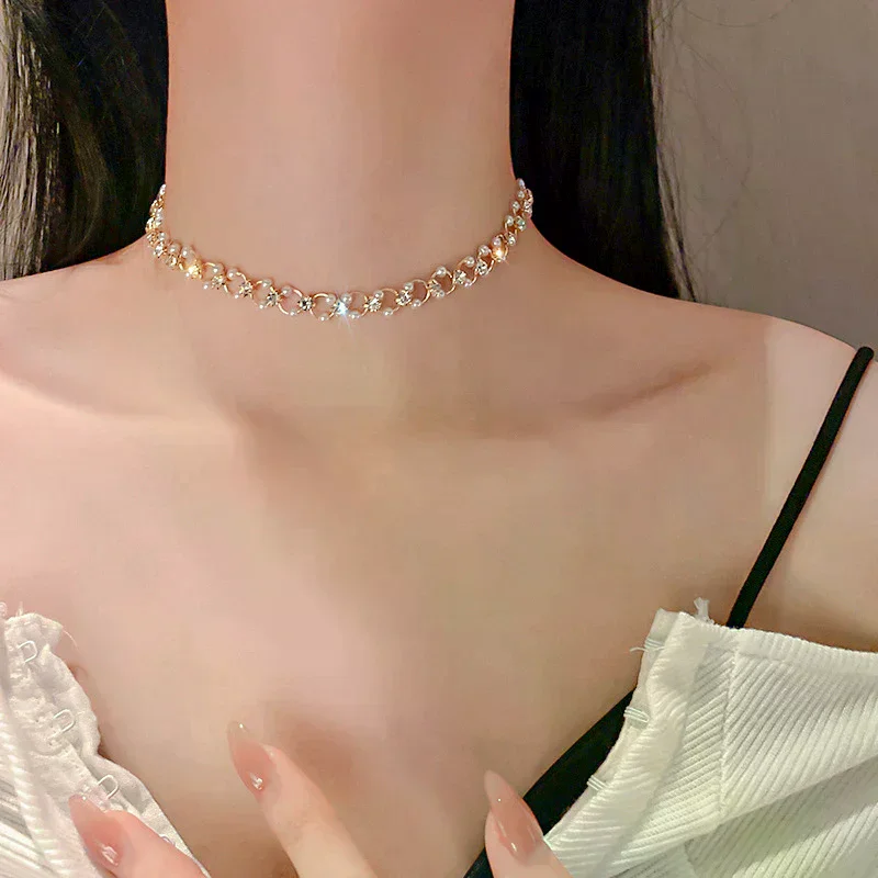 Korea Fashion Simple Personality Necklace Inlaid Rhinestone Pearl Necklace Choker Necklace Women's Party Jewelry Exquisite Gifts