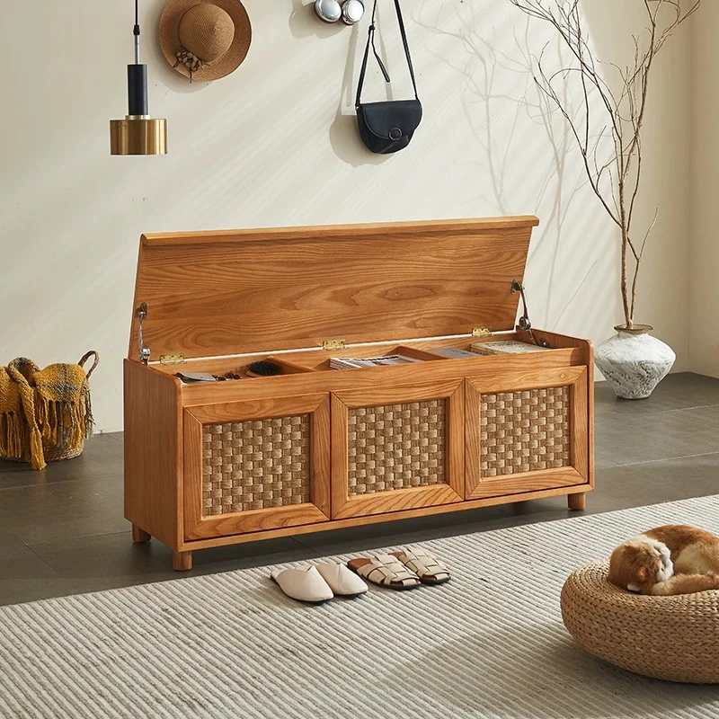 Household entrance solid wood rattan bench storage box multi-functional entrance stool storage bench