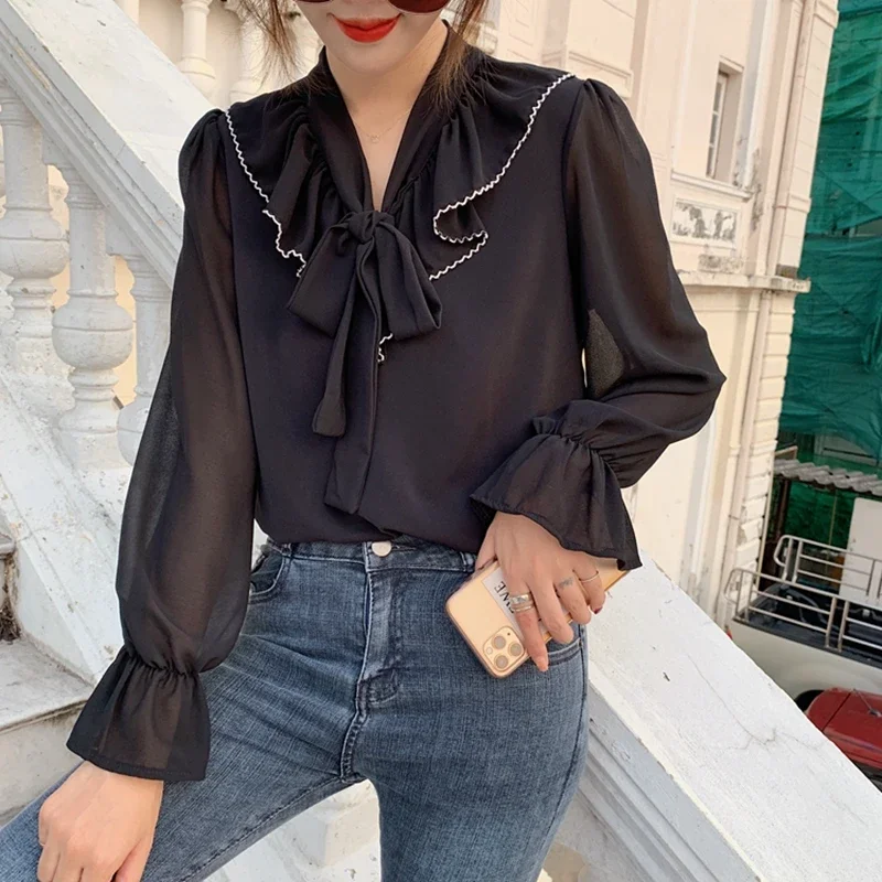 Women Chiffon Blouses White Fashion Casual Long Sleeve Black Blusas Mujer Bow Neck Office Ladies Ruffles Puff Sleeve Tops Shirts