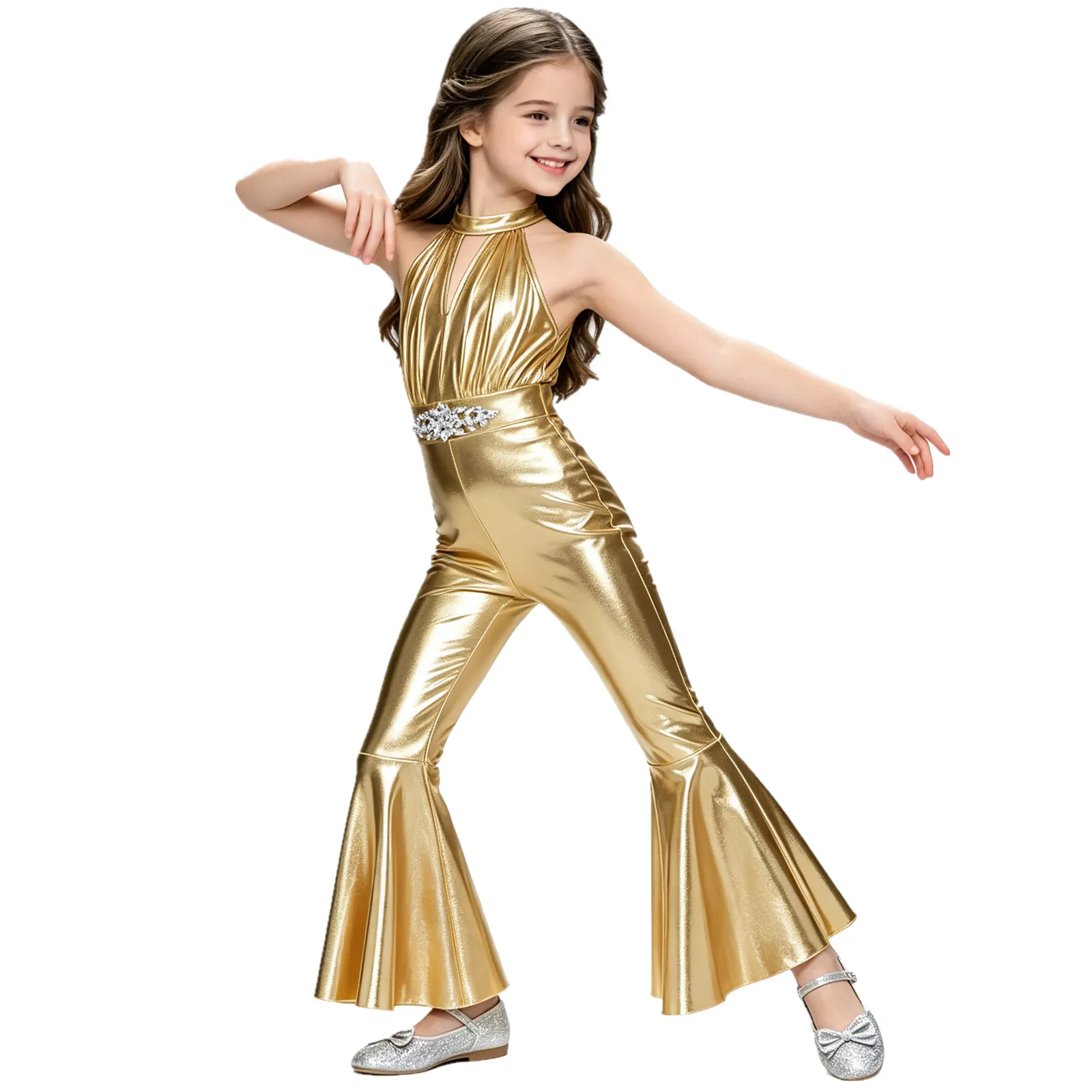 

Children Girls Sleeveless Metallic Shiny Rhinestone 70s Disco Jazz Dance Bell-Bottoms Jumpsuit Pageant Singer Flared Bodysuit