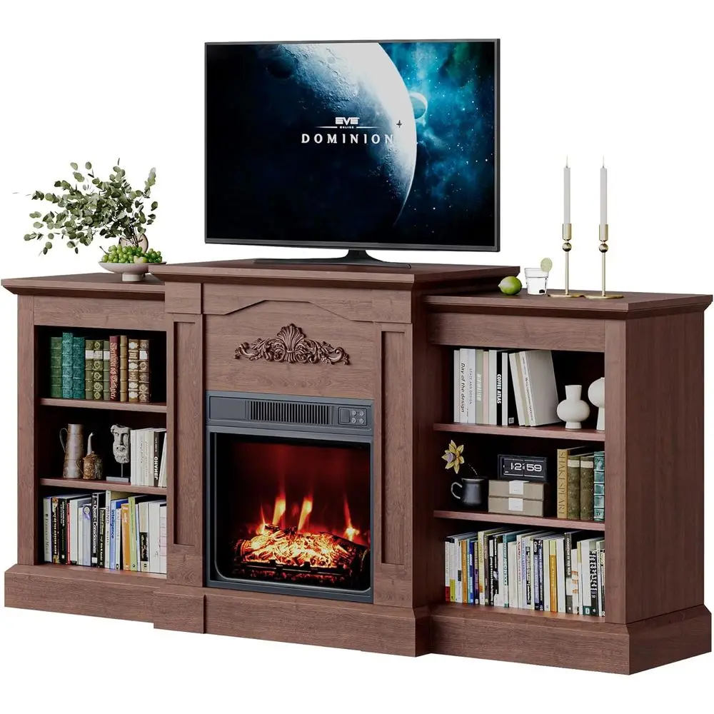 

Коричневая электрическая тумба под телевизор Brown 80 с камином, шкафами для хранения и открытыми полками