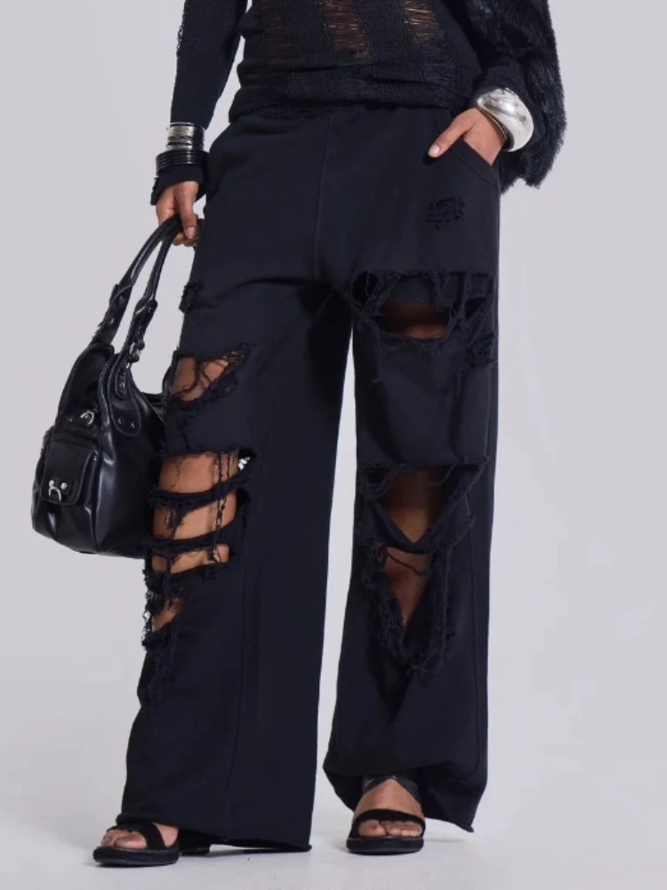 HOUZHOU Black Vintage Distressed Trousers Women Baggy Hip Hop Y2k Grunge Holes Sweatpants Fashion Streetwear Wide Leg Joggers